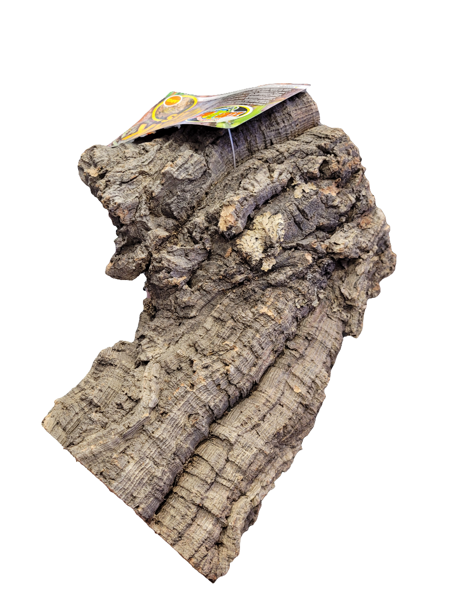 The Zoo Med - Cork Flat - Large is a uniquely shaped piece of cork bark, featuring rough, natural patterns and earthy tones with a label attached at the top.
