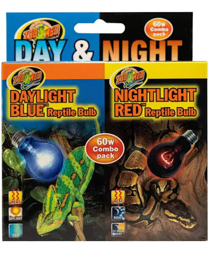 Zoo Med's Day/Night Combo Reptile Bulb 60W packaging displays a chameleon with the Daylight Blue bulb on the left side and a snake with the Nightlight Red bulb on the right, providing ideal lighting for both day and night in reptile tanks.