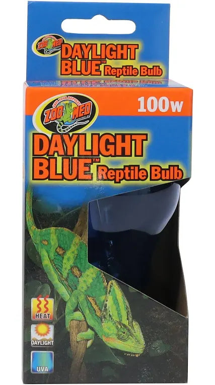The image displays a package of the Zoo Med - DayLight BLUE Reptile Bulb 100W. The front of the box features a chameleon and labels that highlight its heat, daylight, and UVA benefits, with the Zoo Med logo visible in the top left corner.