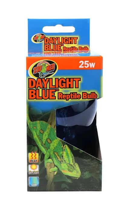 A vibrant box with a green chameleon illustration contains the 25W Zoo Med DayLight BLUE Reptile Bulb. Text highlights its heat, daylight, and UVA benefits, while a clear window reveals the bulb inside.