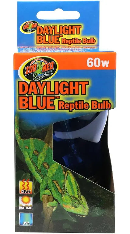 A Zoo Med - DayLight BLUE Reptile Bulb 60w, featuring blue packaging adorned with images of a green chameleon. This bulb offers 60 watts of heat, daylight, and UVA, with a partial view of the bulb visible through a window in the box.
