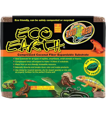 The packaging for Zoo Med - Eco Earth - 3 Bricks displays images of reptiles and amphibians and emphasizes its eco-friendly and compostable features.