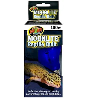 The packaging for a Zoo Med - MoonLight Reptile Bulb 100w displays an image of a gecko alongside the blue bulb, with text stating: Ideal for observing and warming nocturnal reptiles and amphibians.