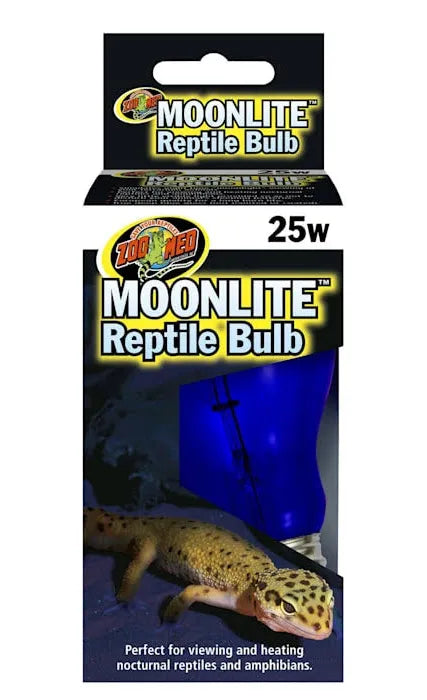 Packaging for a Zoo Med - MoonLight Reptile Bulb 25w, featuring an image of a reptile and a blue bulb. Ideal for observing and heating nocturnal reptiles and amphibians.