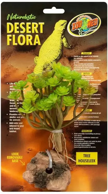 Packaging for Zoo Meds Naturalistic Desert Flora - Tree Houseleek, featuring a green artificial succulent with a removable base for reptile habitats, set against a backdrop of a yellow lizard and product details.