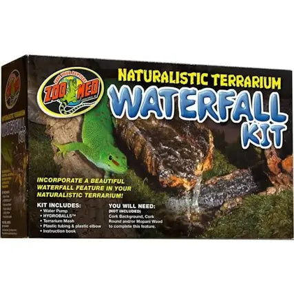Box packaging for Zoo Med - Naturalistic Terrarium Waterfall Kit, featuring a green lizard image. Includes water pump and HydroBalls with setup instructions provided; additional items required for completion.
