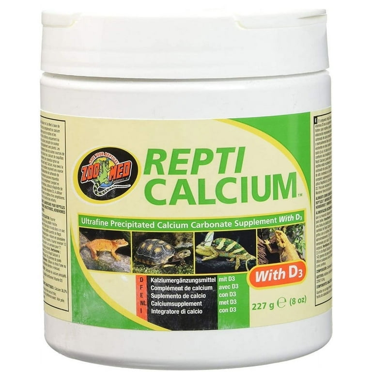 A 227g (8 oz) white container of Zoo Med - Repti Calcium w/ D3, a calcium carbonate supplement for reptiles, featuring turtle and lizard images on the label.