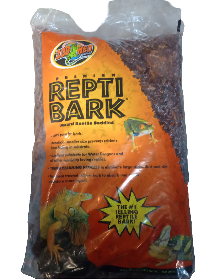 The 8 Qt Zoo Med ReptiBark natural bedding for reptiles features packaging with lizard images. It prevents crickets from hiding and is perfect for humidity-loving reptiles.
