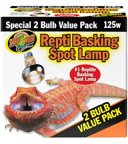 The box image showcases the Zoo Med Repti Basking Spotlight 2-Pack, 125W, featuring an orange reptile, likely a bearded dragon. It highlights Special 2 Bulb Value Pack and touts it as the