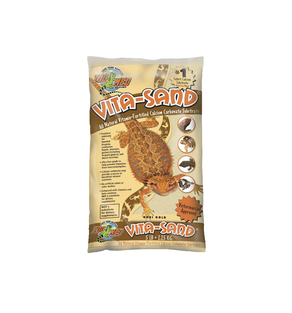 A 5 lb bag of Zoo Med Reptisand in Gobi Gold, with reptile imagery, is marketed as a natural vitamin-fortified calcium carbonate substrate for reptiles.
