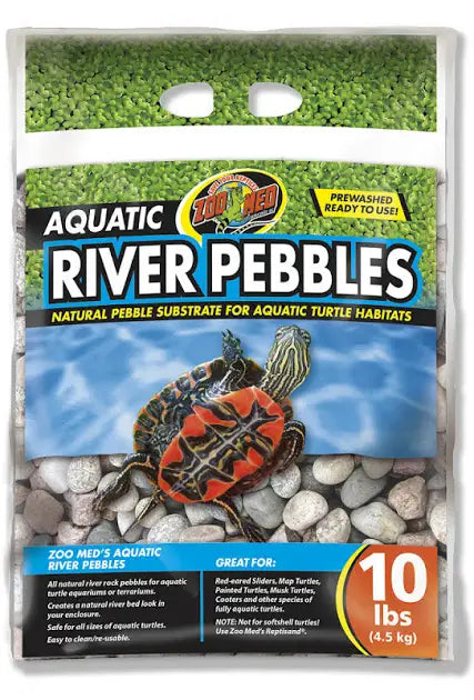 Zoo Med - River Pebbles 10 lbs package showcases a turtle swimming over pebbles on its label, emphasizing it as a natural substrate for aquatic turtle habitats.