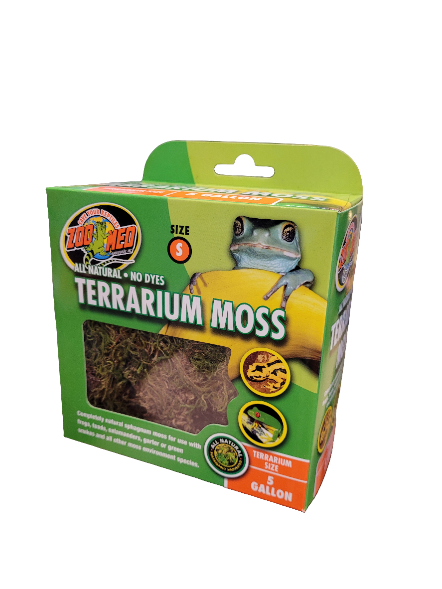 Green rectangular box labeled Zoo Med Terrarium Moss 5 Gal Sml, featuring a frog image, all-natural with no dyes. It has a clear front displaying the moss inside and specifies Size 5.