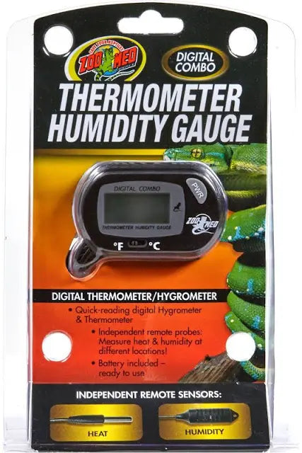 The packaging for a Zoo Med Thermometer Humidity Gauge includes a digital device that measures both temperature and humidity, with individual probes dedicated to each function. The background showcases an image of a green snake.