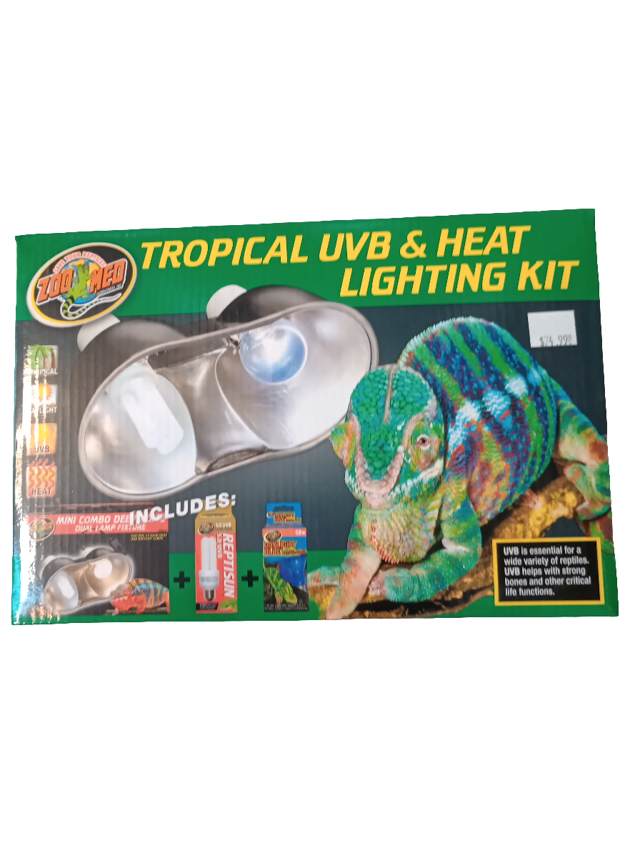 A Zoo Med Tropical UVB & Heat Lighting Kit box showcases a chameleon image, detailing the included bulbs and fixture, while emphasizing the essential role of UVB for reptiles.