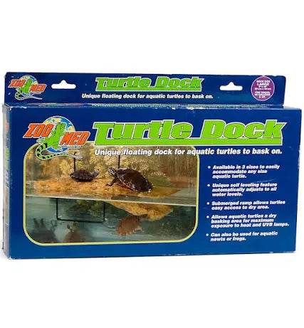 The Zoo Med Turtle Dock - Large box displays turtles basking on a floating dock in an aquarium, highlighting its adjustable size and suitability for aquatic turtles.
