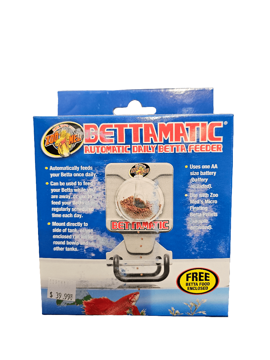 Here's the revised sentence using the provided product data:
Image of a ZooMed - Bettamatic - Automatic Daily Feeder in blue packaging. It includes features like automatic feeding, uses AA batteries, and comes with a free Betta food enclosure. Price tag is $39.99.