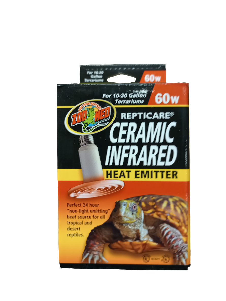 Image of a ZooMed Ceramic Infrared Heat Emitter 60-watt box, suitable for 10-20 gallon terrariums. The packaging shows a turtle and highlights the heat emitters benefits.