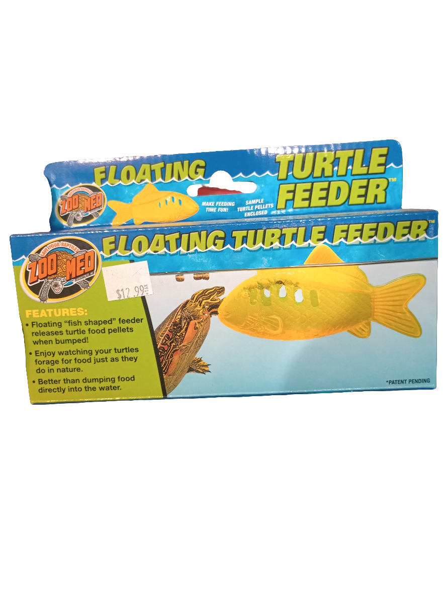 The image shows the ZooMed Floating Turtle Feeder, skillfully designed to resemble a fish and accommodate turtle food pellets. Its bright yellow color adds a playful element to feeding time, while the packaging emphasizes safe feeding benefits for happy, well-fed turtles.
