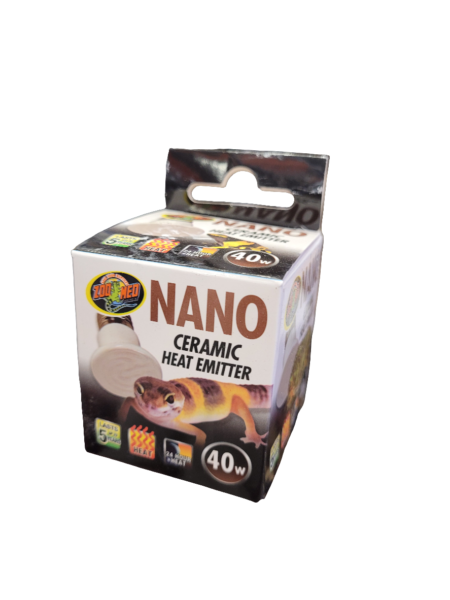 Box of ZooMed Nano Ceramic Heat Emitter 40W with packaging showing a gecko and a ceramic bulb image. Features icons for size, energy efficiency, and UV output. Includes top handle design.