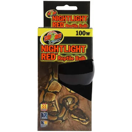 The ZooMed - NightLight RED Reptile Bulb 100w packaging is mainly black with a red/orange design, features a snake image at the bottom, and has a clear circular window showcasing the bulb inside.