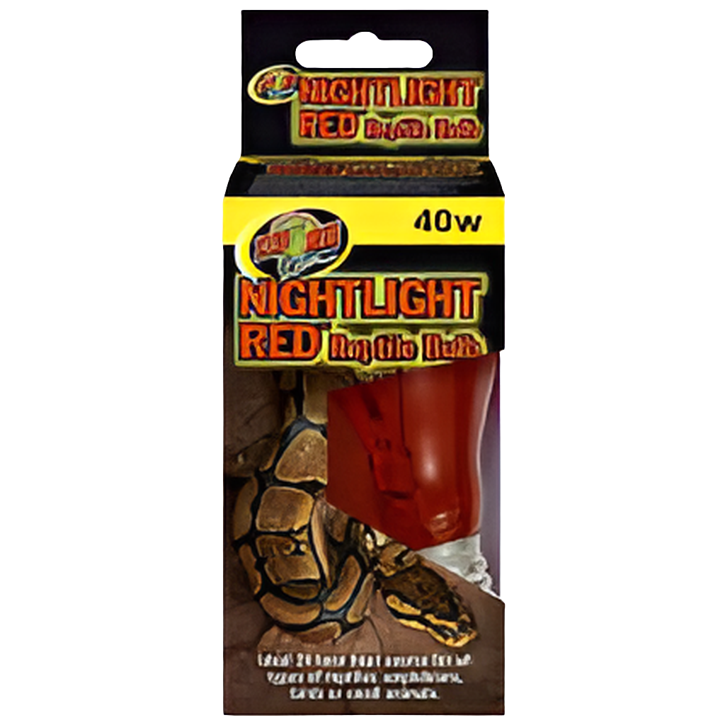 A ZooMed NightLight RED Reptile Bulb (40W) comes in a box with earthy tones and reptile graphics, featuring an image of a reptile and the text Nightlight Red Reptile Bulb, 40W on the front.