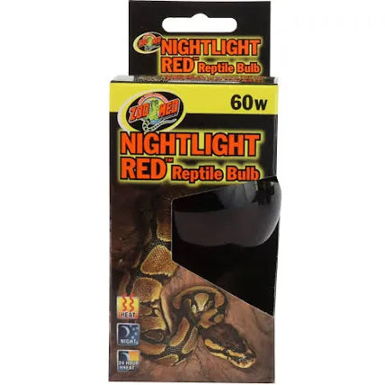 The packaging for the ZooMed NightLight RED Reptile Bulb 60w displays a snake on a rock. It features black and red text, with the partially exposed bulb visible.