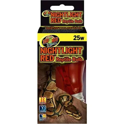 The ZooMed Nightlight RED Reptile Bulb 25w comes in a box with a snake image and partially exposed red bulb, ideal for reptile enclosures requiring heat and nighttime light.