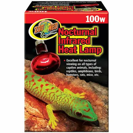 The ZooMed - Nocturnal Infrared Heat Lamp 100w comes in a package displaying a red heat lamp and a green gecko. Its ideal for nocturnal viewing of reptiles, amphibians, birds, and small mammals.