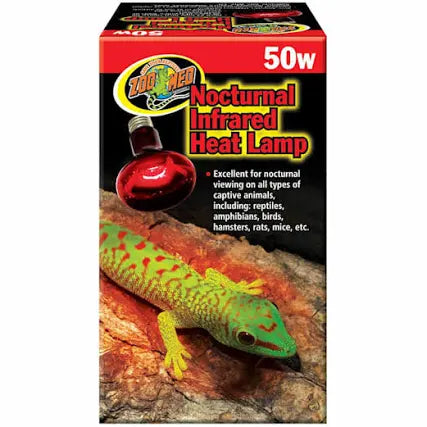 ZooMed - Nocturnal Infrared Heat Lamp 50W box shows a gecko on a rock and a red bulb, marked for reptiles, amphibians, birds, hamsters, rats, and mice.