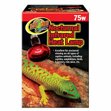 ZooMed Nocturnal Infrared Heat Lamp 75w box displays a red bulb and a green gecko, highlighting its suitability for nocturnal viewing of reptiles, amphibians, birds, and more.