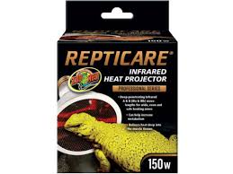 A black box labeled ZooMed - ReptiCare - Infrared Heat Projector 150w features a yellow reptile image. Part of the Zoo Med Professional Series.