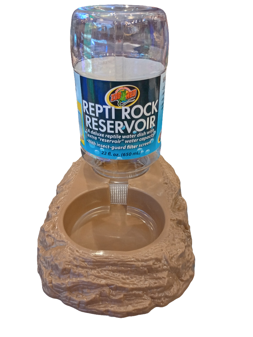 The ZooMed ReptiRock Water Reservoir for reptiles features a stone-like base, a clear plastic bottle, an insect-guard filter screen, and a 22 fl. oz. (650 mL) capacity.