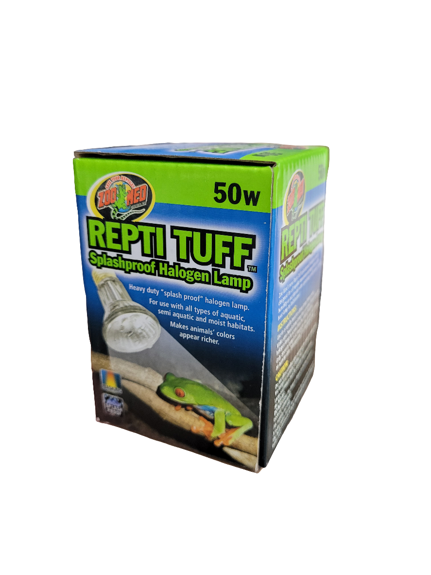 A ZooMed ReptiTuff Splashproof 50 Watt halogen lamp comes in green and blue packaging with images of a turtle and reptile habitat, emphasizing its durability and suitability for aquatic environments.