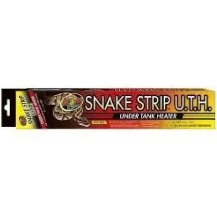 A red and yellow rectangular box with a snake illustration advertises the ZooMed - U.T.H. - Snake Strip 10gal+ under tank heater, highlighting features and brand details.