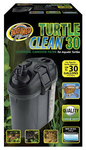 Here is the rewritten sentence: Box for the Turtle Clean 30 Canister Filter, an external filter ideal for aquatic turtles, designed for tanks up to 30 gallons. Features advanced filtration and quality assurance with packaging that showcases images of turtles and aquatic plants.