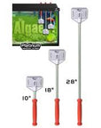 The Flipper Platinum Aquarium Scraper 18 is one of three cleaning brushes with red handles and white scrubbing heads (lengths: 10, 18, 28). An image shows the brush removing algae from an aquarium wall, with text reading Algae and Platinum.