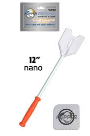 Image of a Flipper - Platinum Nano Aquarium Scraper 12 featuring an orange handle and white blade. Jipper Aquarium Scraper is on the packaging with nano printed beside it and a circular logo at the bottom.
