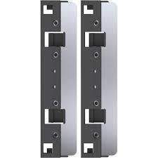The Flipper - Max Replacement Blades Large consist of two vertical metallic brackets, featuring black and silver components with symmetrically arranged holes and notches. They look robust and functional, potentially for mounting or structural support.