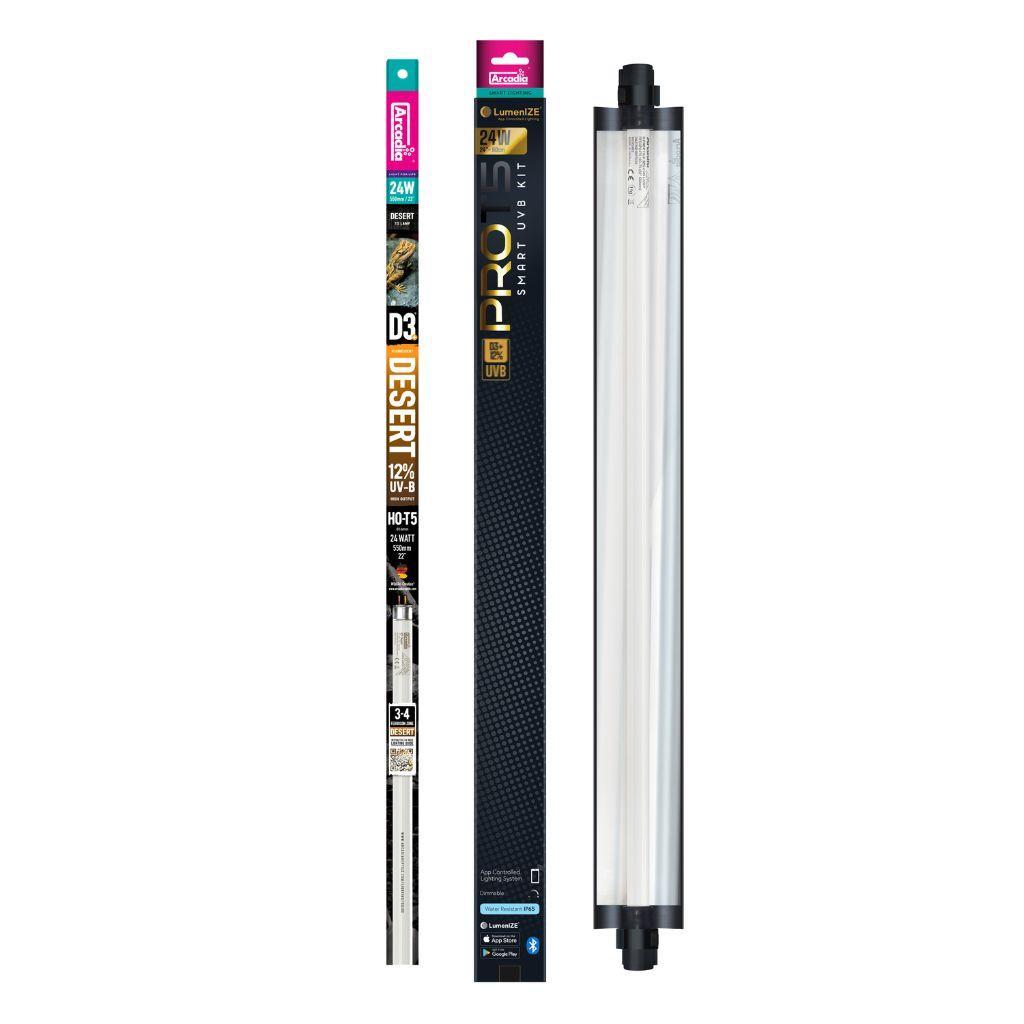 The image showcases the Arcadia LumenIZE UVB Smart UVB Kit, featuring a vibrant package and a 24W Desert D3+ 12% Pro T5 tube, ideal for reptile enclosures. Its colorful design emphasizes its optimal UV output for desert habitats.