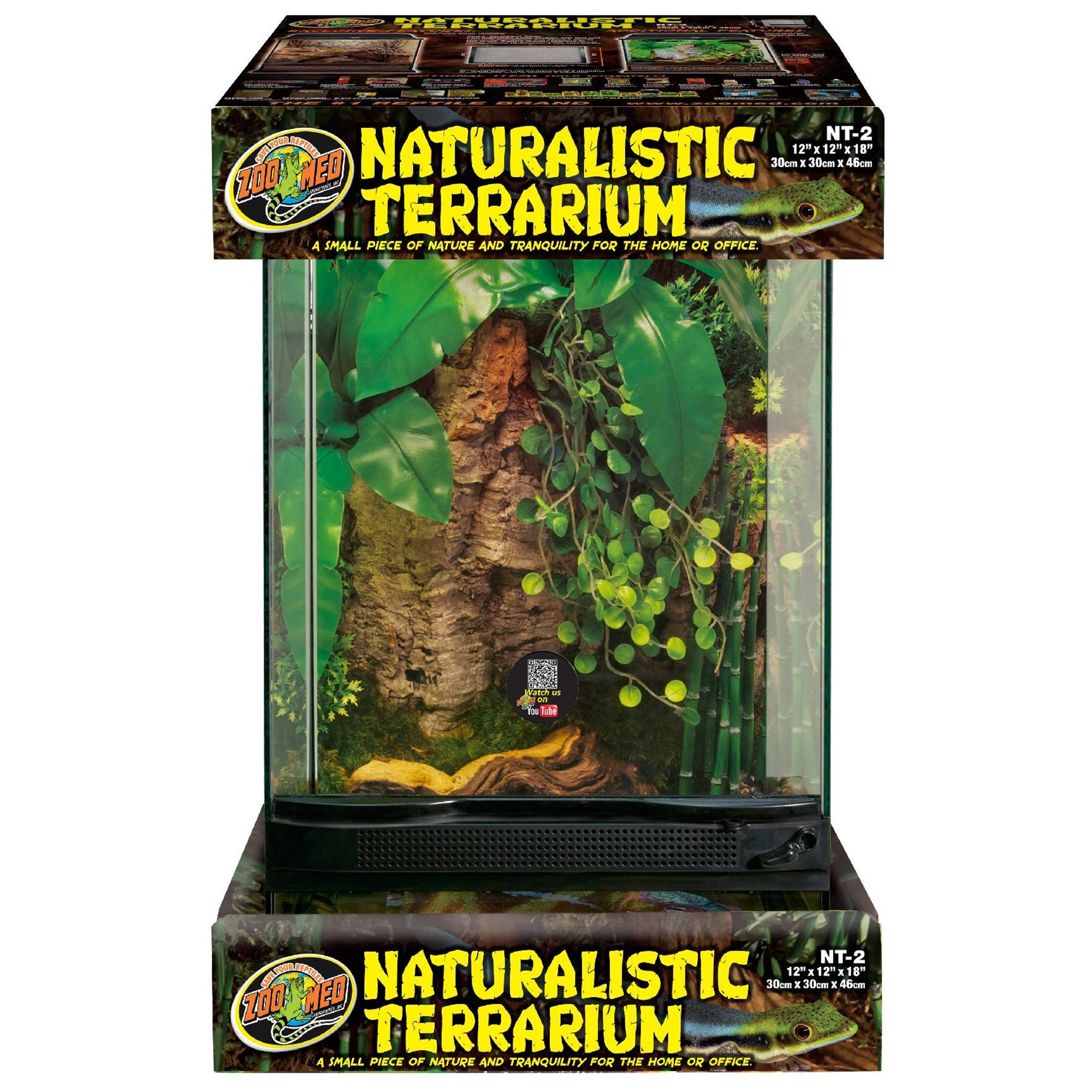 The Zoo Med - Naturalistic Terrarium - Arboreal 12x12x18 includes a product image with plant and wood graphics on the packaging, measuring 12 by 12 by 18. Its designed for home or office use to create a natural and tranquil environment.