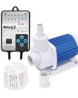 The Aquarium water pump, designed for NUVO Aquariums by Innovative Marine, includes a MightyJet control panel with buttons and indicators, extra fittings, and a white mesh cover—perfect for any Saltwater Reef System like the Innovative Marine INT 112 Gallon Lagoon Aquarium Complete Reef System.