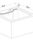 Diagram of an innovative cube-shaped bathtub, dimensions labeled: width 35.4 inches, height 19.7 inches, inner depth 6 inches, with a 3-inch ledge on three sides—akin to Innovative Marines INT 112 Gallon Lagoon Aquarium systems space-conscious design.
