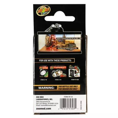 The Zoo Med - ReptiCare Infrared Heat Projector 35w packaging displays a setup for reptiles, details compatible products, highlights deep-penetrating heat benefits, and includes a warning for reptile and indoor use only. Company contact info is provided at the bottom.