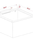 A 3D sketch of the Innovative Marine- EXT 112 Lagoon Aquarium w/ APS Stand - Black, detailing dimensions: width and length at 35.4 inches, depth at 19.7 inches, with a Bean Animal drain system and ledges of 3 inches on two sides and a 3.5-inch ledge in front for seamless use in any NUVO EXT setup.