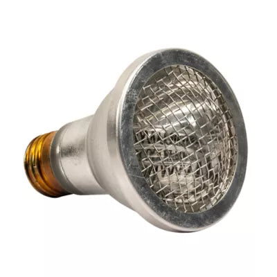 The Zoo Med - ReptiCare Infrared Heat Projector 35w is a silver, energy-efficient incandescent bulb featuring a reflective surface and yellow brass base, ideal for pet reptiles. It includes a mesh-like design over the glass for optimized performance.