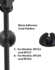 Close-up of black adhesive cord holders perfect for organizing cords in the INT 112 Gallon Lagoon Aquarium. One holder is attached to a rod, another displayed separately. Text reads: Black Adhesive Cord Holders. 5 - For Models: RFS22 and RFS27. 8 - For Models: RFS39 and RFS50. Ideal for your setup!.