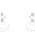 A depiction of two adjustable leveling feet with threaded bolts and hex nuts, ideal for your Innovative Marine - INT 112 Gallon Lagoon Aquarium Complete Reef System. Arrows show rotation for adjustments. Each foot includes a base and threaded shaft for precise height changes in your Saltwater Reef System.