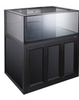 The Innovative Marine INT 150 Lagoon Aquarium with APS Stand features a black wooden base, clear glass panels, a ventilated back panel, and the Trapezoid Infinity Overflow design, making it ideal for retail or museum displays.