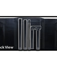 Back view of the black Innovative Marine INT 170 Aquarium on an APS Stand, highlighting built-in filtration columns, internal overflow system, and water flow pipes. Sleek design against a reflective background. Text reads Back View.