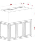 Line drawing of an Innovative Marine - INT 170 Aquarium with APS Stand rectangular cabinet shows three paneled doors, measuring 59 W x 30 D x 21.7 H to the counter and 35.4 overall height, designed for a 170-gallon aquarium with an internal overflow system.